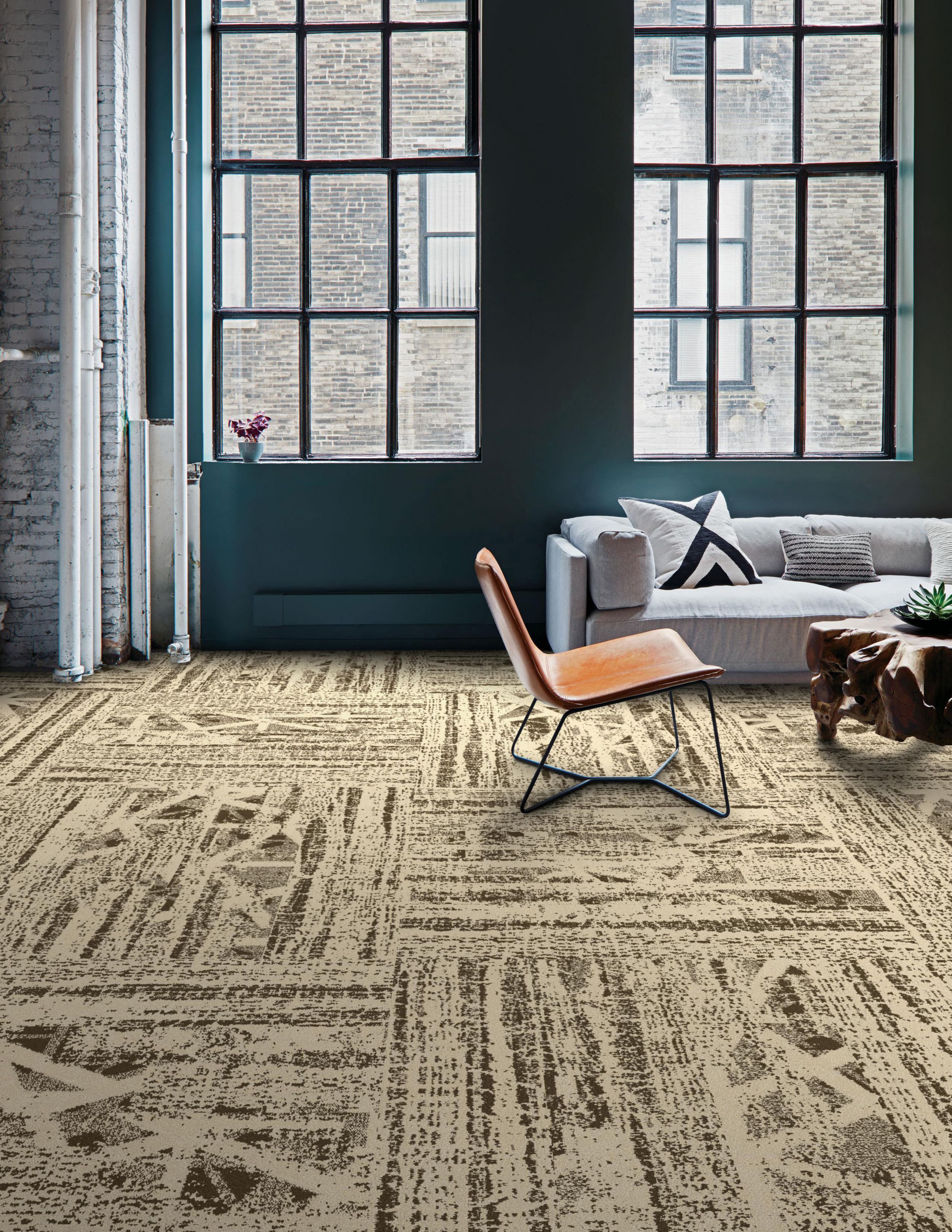 Interface PM57 and PM01 plank carpet tile in naturally lighted living room area image number 2